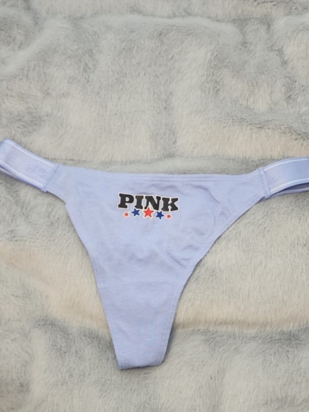 PINK Victoria's Secret NWT Blue Thong Black Logo & Red, Blue Stars Print Size S
